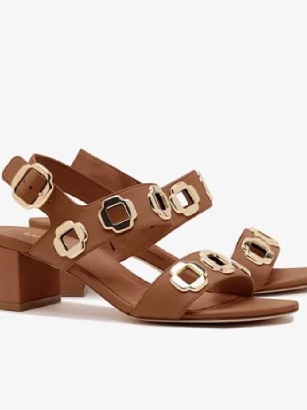Larroude Brown Leather Strappy Block Heel Sandals with Gold Buckles